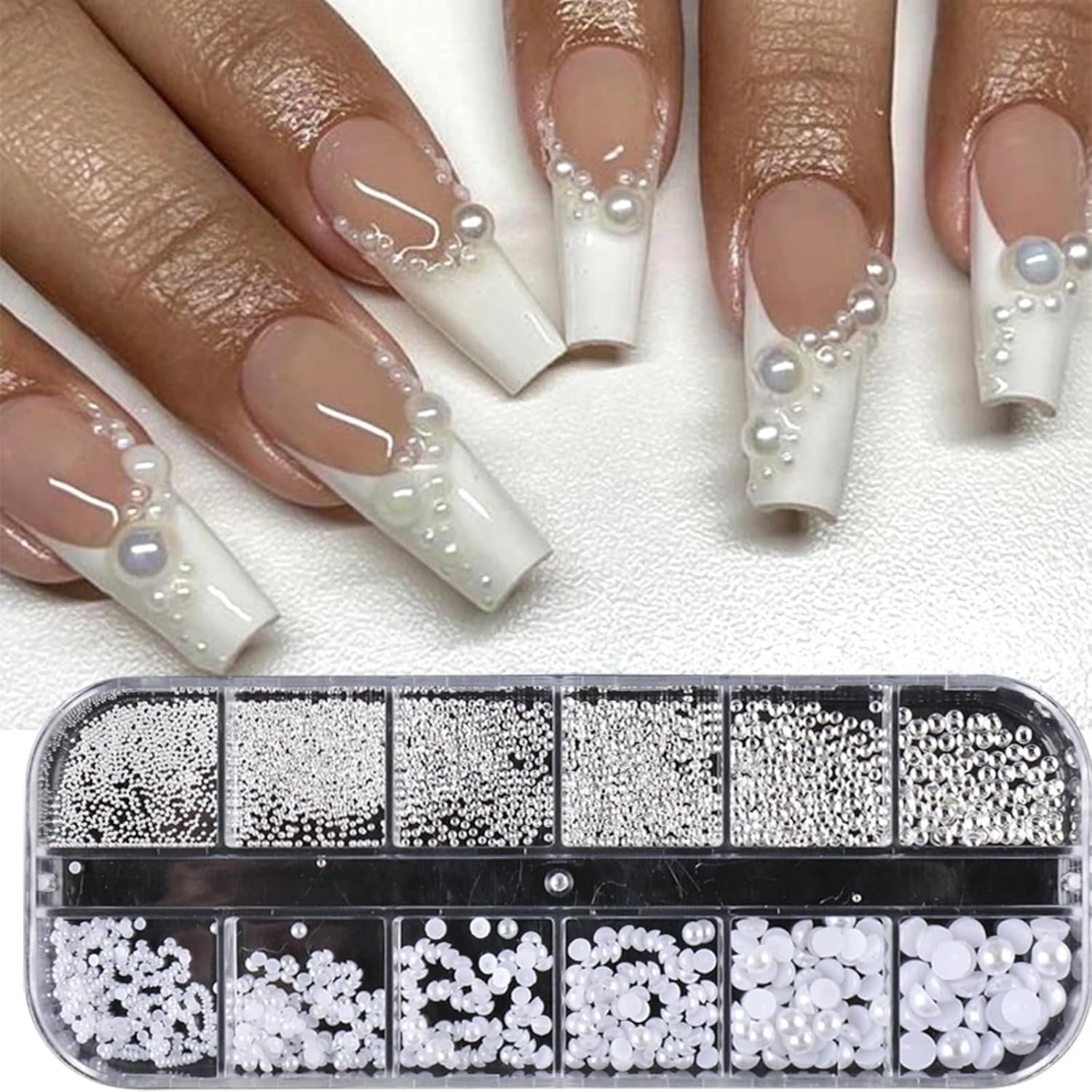 GZSY Nail Art Strasssteine ​​Nagel Perlen Weiß 12Raster Nagel Charms Nageldesign Tilbehør Perle Nail Art
