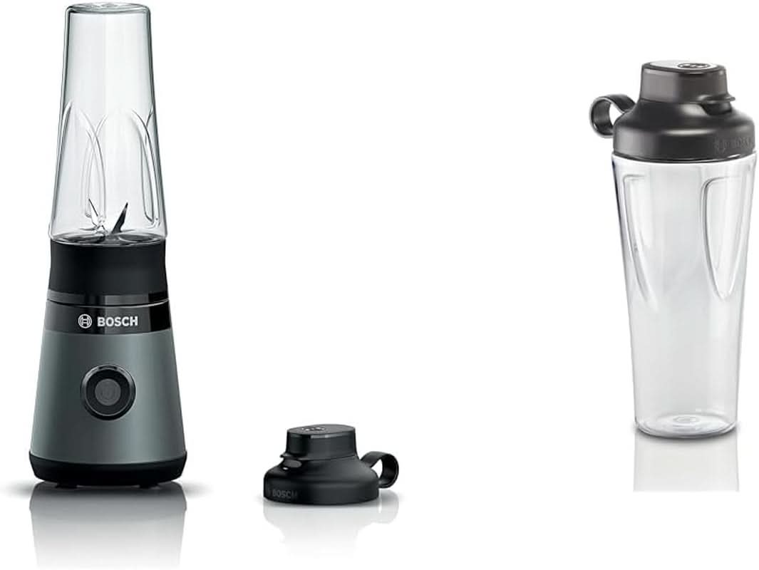 Bosch Mini-Standmixer Vitapower Serie 2 MMB2111S, Highspeed-Mixer, Bis Zu 40.000 O/min, Tritan Togo-Flasche 0,6 L, Trinkdeckel, Bruchsicher, Spülmasch.Geeignete Teile, 450W, Silber/Schwarz Mit Kitchen Silber/Schwarzt Kitchen Naty Shop- Schwarzsche Kitchen Naty Shop Bundle