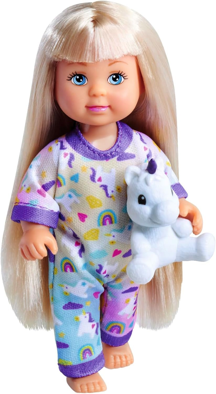 Simba Evi Love Pyjamas, 3 assorterede farver, kun én vare sendt, dukke i sød pyjamas med enhjørning plyslegetøj, legedukke 12 cm, alder 3+