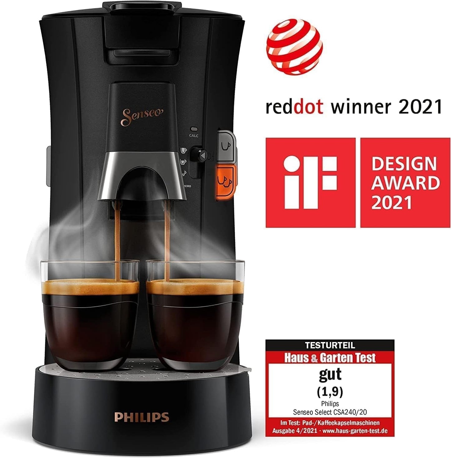PHILIPS Senseo Select kapsel-espressomaskine med valg af kaffeintensitet og memory-funktion, lavet af genbrugsplastik, farve: sort (CSA240/60)