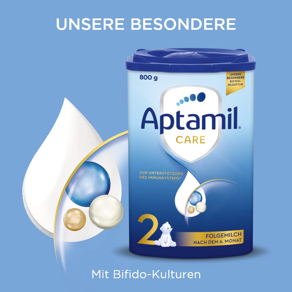 Aptamil Care 2 - Tilskudsmælk efter 6 måneder, med Omega 3 og 6, DHA og ARA, palmeoliefri, babymad, mælkepulver, 1 x 800 g (pakke med 6)