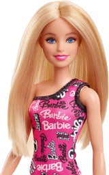 Barbie-modedukke med lige blondt hår i Pink One Shoulder Stretch-kjole og logotrykt sko HRH07 Naty Shop Dolls