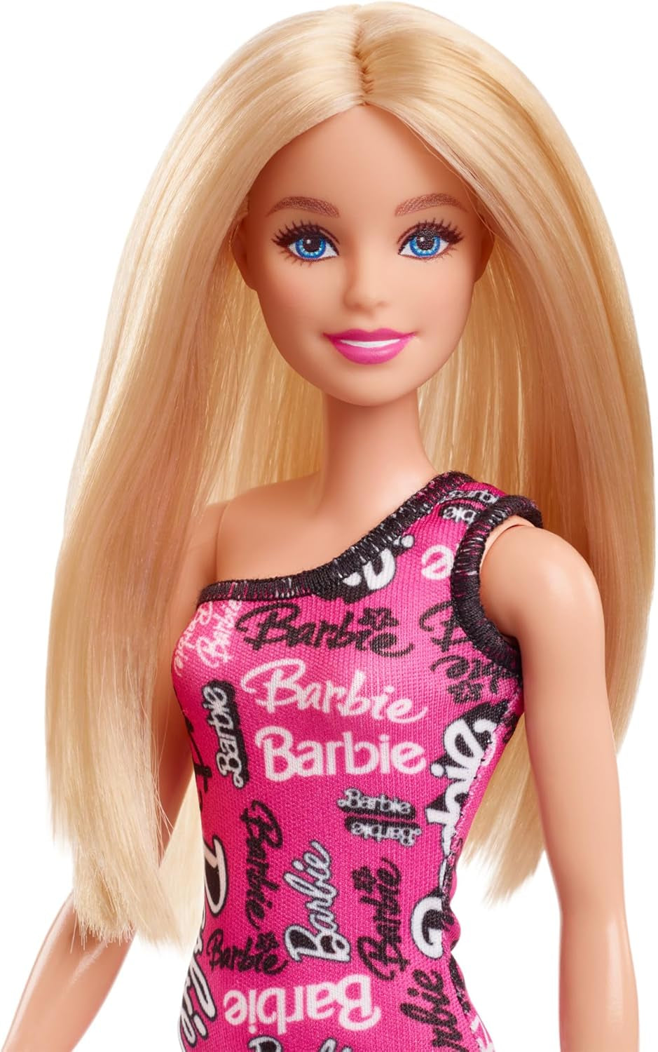 Barbie-modedukke med lige blondt hår i Pink One Shoulder Stretch-kjole og logotrykt sko HRH07 Naty Shop Dolls
