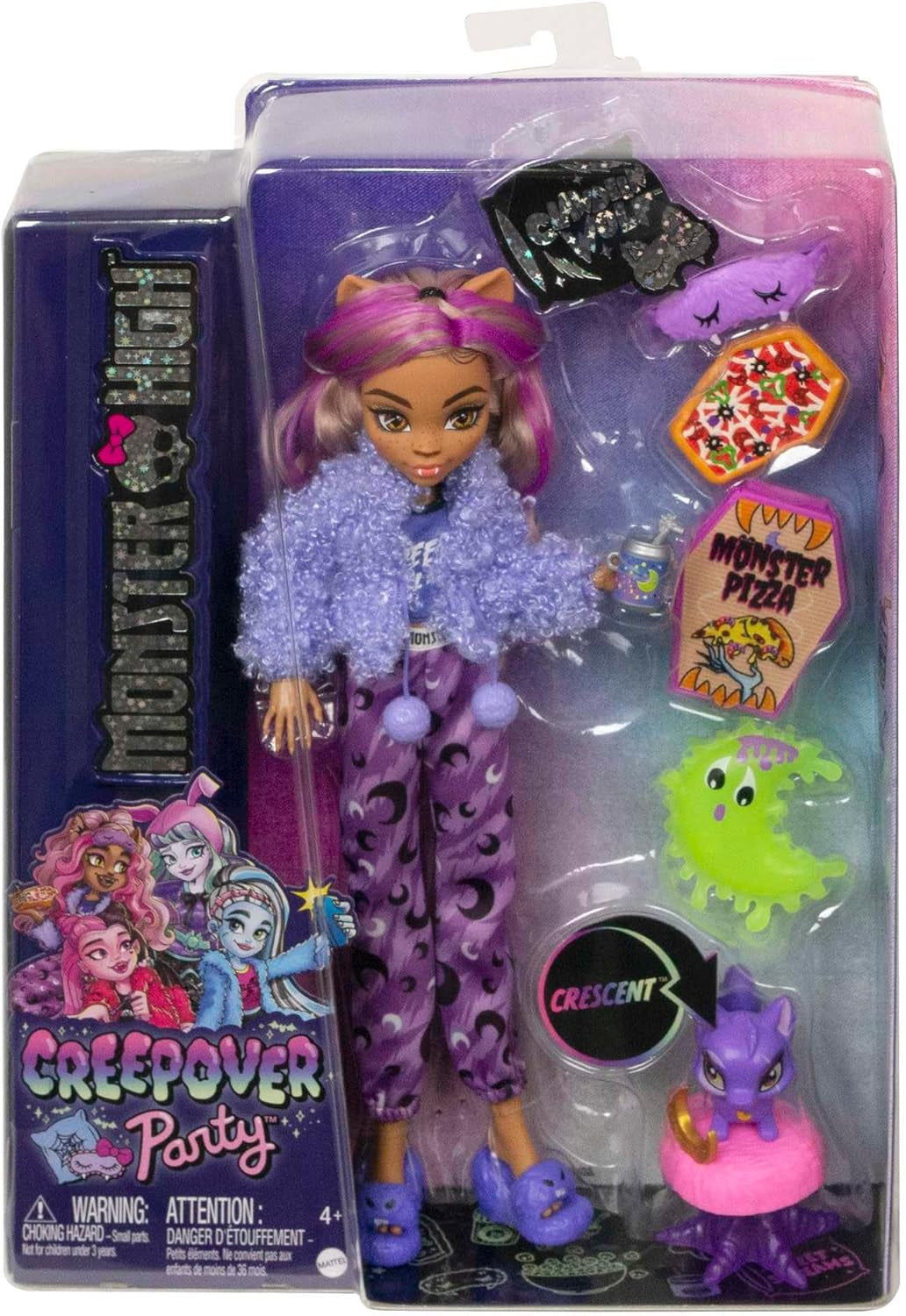 MONSTER HIGH Dukke og Sleepover-tilbehør, Clawdeen Wolf Doll with Pet Cat, Crescent, Creepover Party, HKY67