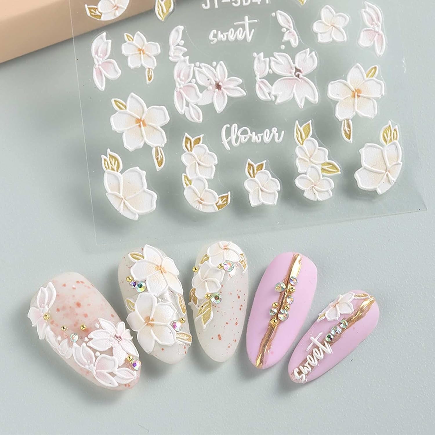 JMEOWIO 3D Nagelsticker Frühling Blume Nail Art Sticker Selbstklebend Nagelaufkleber 5D Stereoskopisk Buntes Sommer Blumen Dekoration Nageldesign Zubehör 4 Blatt