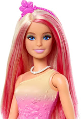 Royal Barbie Doll med lyst og pink lyst hår, farverigt tilbehør, pink gradient top og sommerfugle nederdel, HRR08 Naty Shop Dolls