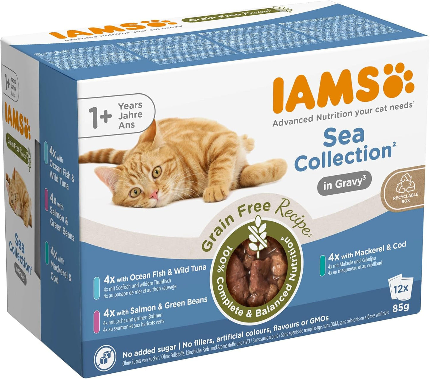 IAMS Delights Sea Collection Kornfrit våd kattefoder - Multipakke med forskellige fisk i sauce, Kornfrit vådfoder til katte fra 1 år, 12 x 85g