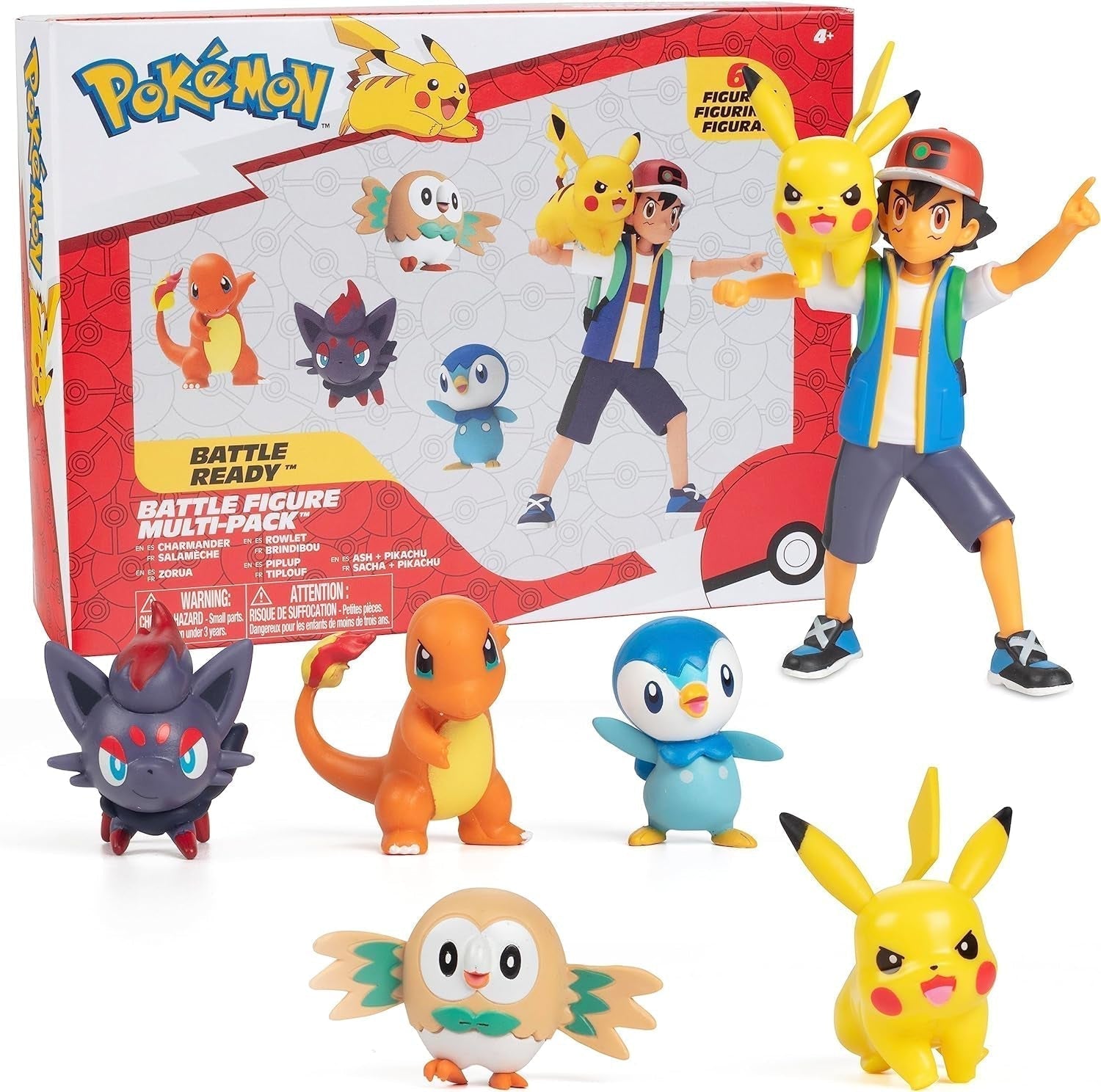 Pokémon Battle klar! 6-delt figursæt - 11,4 Cm Ash & Launching Pikachu, 5,1 Cm Charmander, Rowlet, Piplup, Zorua - Officielt licenseret - Påskegave til børn, drenge, piger Actionfigurer Naty Shop Standardtitel