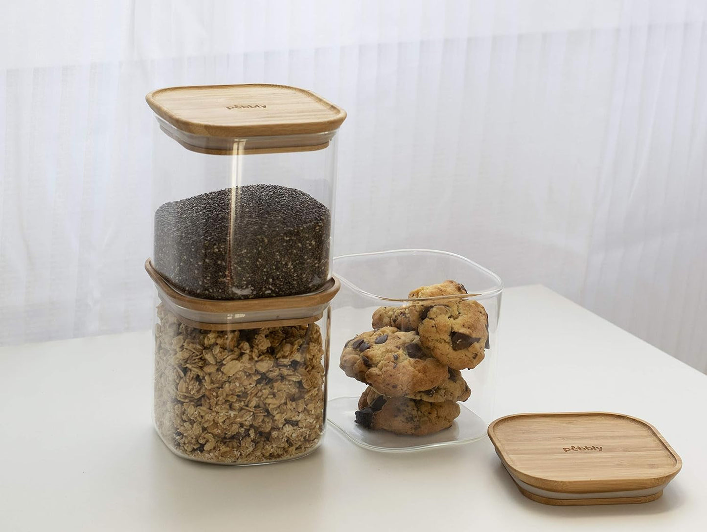 Sæt med 3 firkantede glasbeholdere med bambuslåg-800ml, borosilikatglas, bambus, silikone, natur, 11 x 11 x 11 cm Madopbevaringsbokse Naty Shop