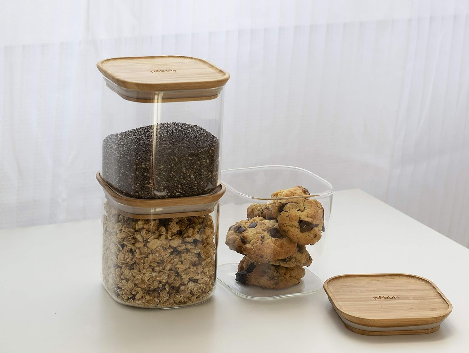 Sæt med 3 firkantede glasbeholdere med bambuslåg-800ml, borosilikatglas, bambus, silikone, natur, 11 x 11 x 11 cm Madopbevaringsbokse Naty Shop