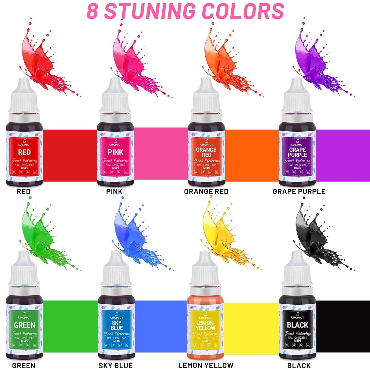 Madfarve 8x10ml - Højkoncentreret flydende madfarvesæt til bagning, kager, småkager, frosting, macarons, fondant - Levende madfarve til gør-det-selv-sæber, slim, håndværk