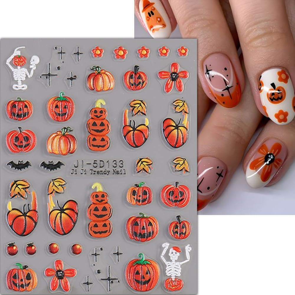 JMEOWIO 3D Nagelsticker Halloween Nail Art Sticker Selbstklebend Nagelaufkleber 5D Stereoskopisk Süßer Geisterkürbis Dekoration Nageldesign Zubehör 4 Blatt