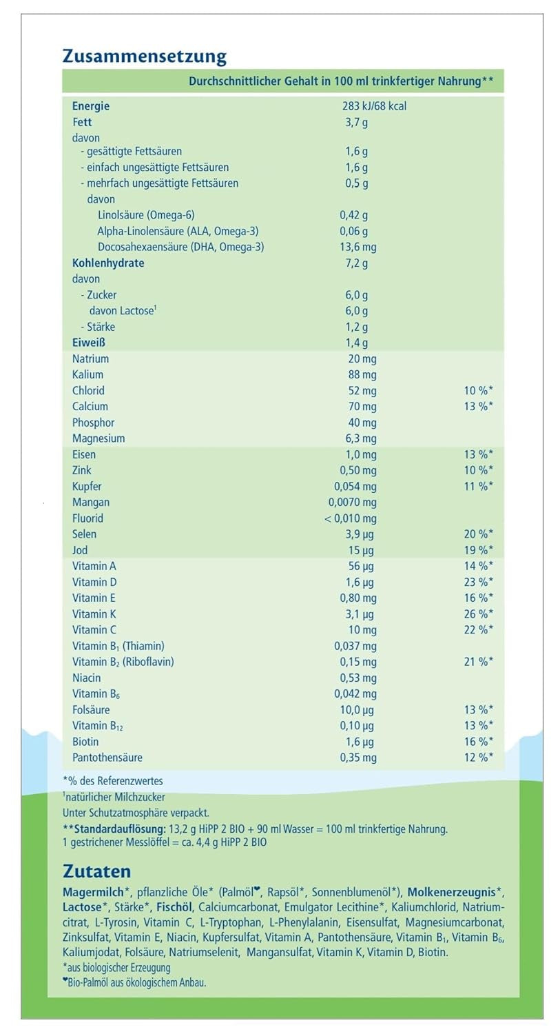 HiPP 2 Økologisk tilskudsmælk (4 x 600g), efter 6 måneder, med Omega-3 (DHA, ALA), calcium og lettilberedt økologisk stivelse, af bedste økologiske kvalitet