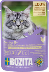 Bozita Senior 8+ Mound våd kattefoder med korn og masser af kylling - 12 poser x 85g, korn- og hvedefri våd kattefoder - Våd kattefoder med 8,5 % protein og 4,5 % fedt