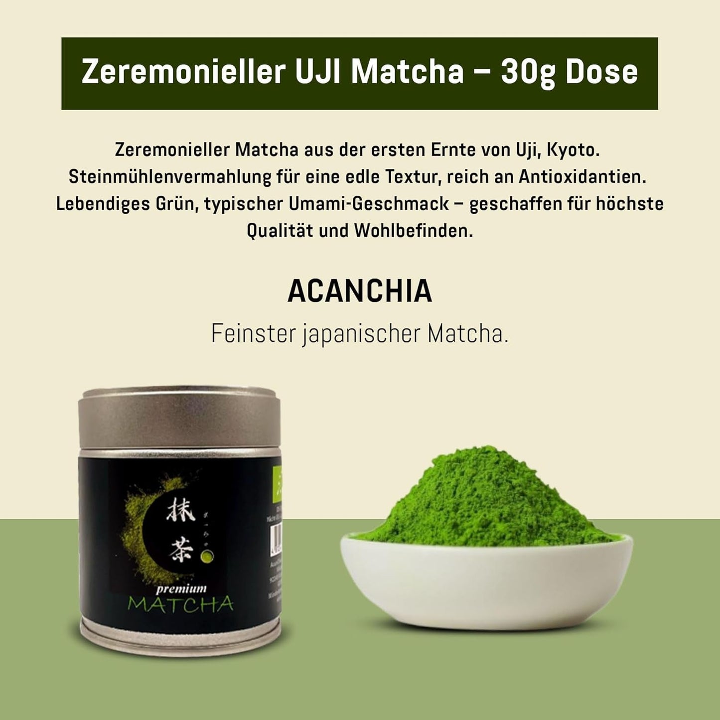 Ceremoniel UJI - 30 g æske - Bio - 100 % japansk Matcha - Første høst - Ren Matcha - Malet
