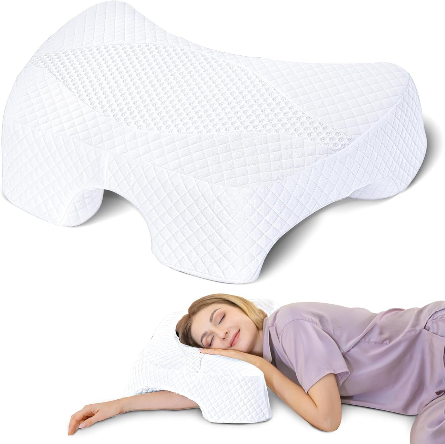 SAHEYER sidesovepude med arm, ergonomisk ortopædisk pude, nakke- og skulderpude med memoryskum, nakkepude med flervinklede arme til mange sovestillinger (hvid) Cervikale ortopædiske puder Naty Shop White