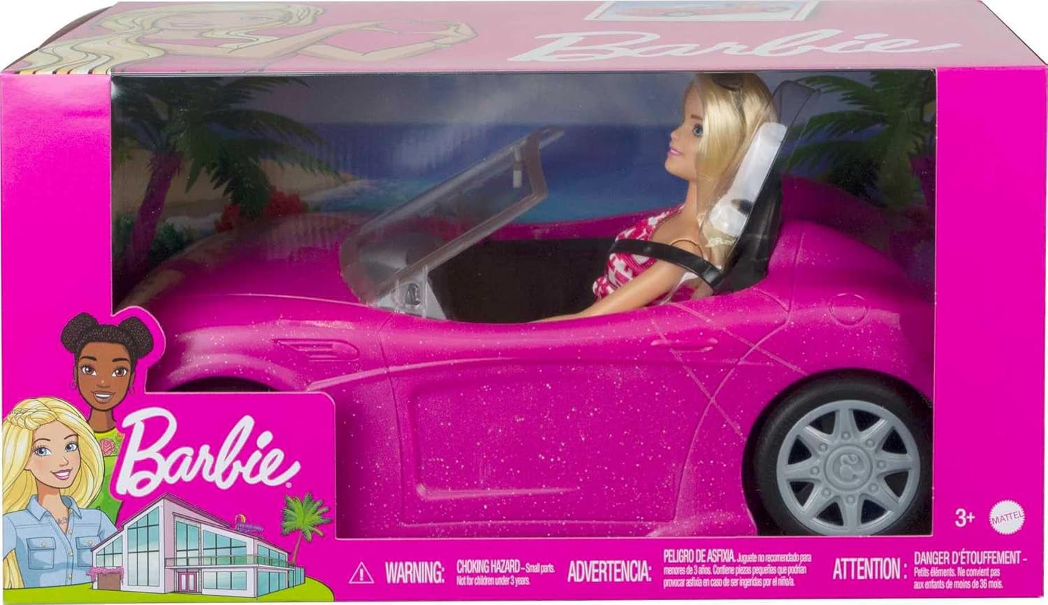 Barbie dukke og pink glitter cabriolet, realistiske dæk, logo, legetøj fra 3 år og op, DJR55