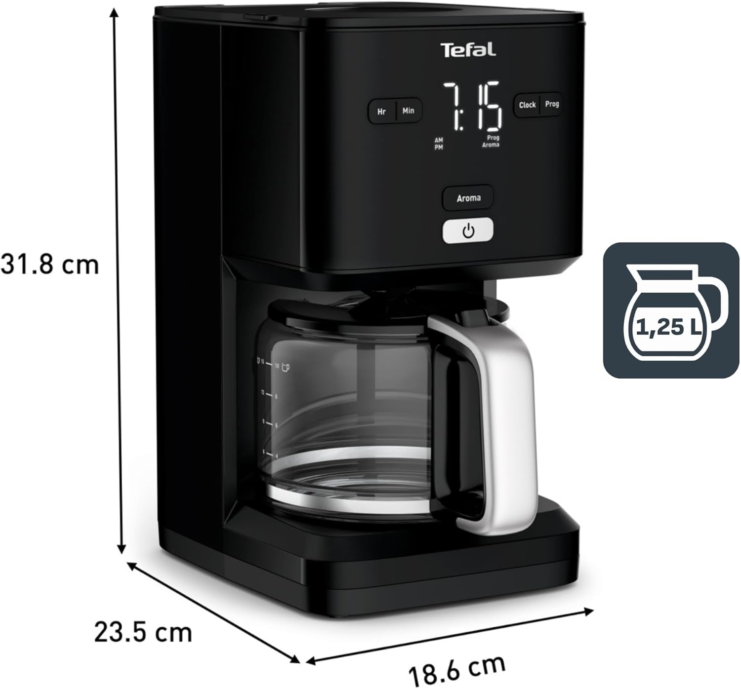 Tefal Smart'n Light Espressomaskine med timer, Espressomaskine med programmerbart filter 1,25 L, Aromafunktion for Intens Aroma, Holde Varm funktion, Anti-dryp og nem at rengøre, Sort