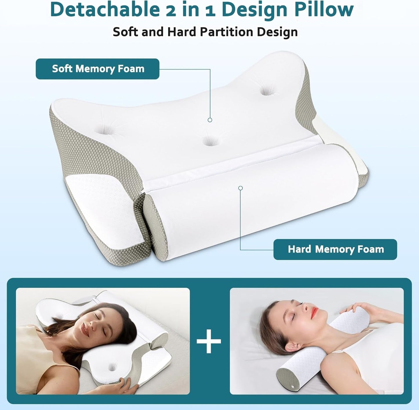 TopEsct Memory Foam-pude, sidesovepude, nakkepude, hovedpude til side- og rygsover (grå)