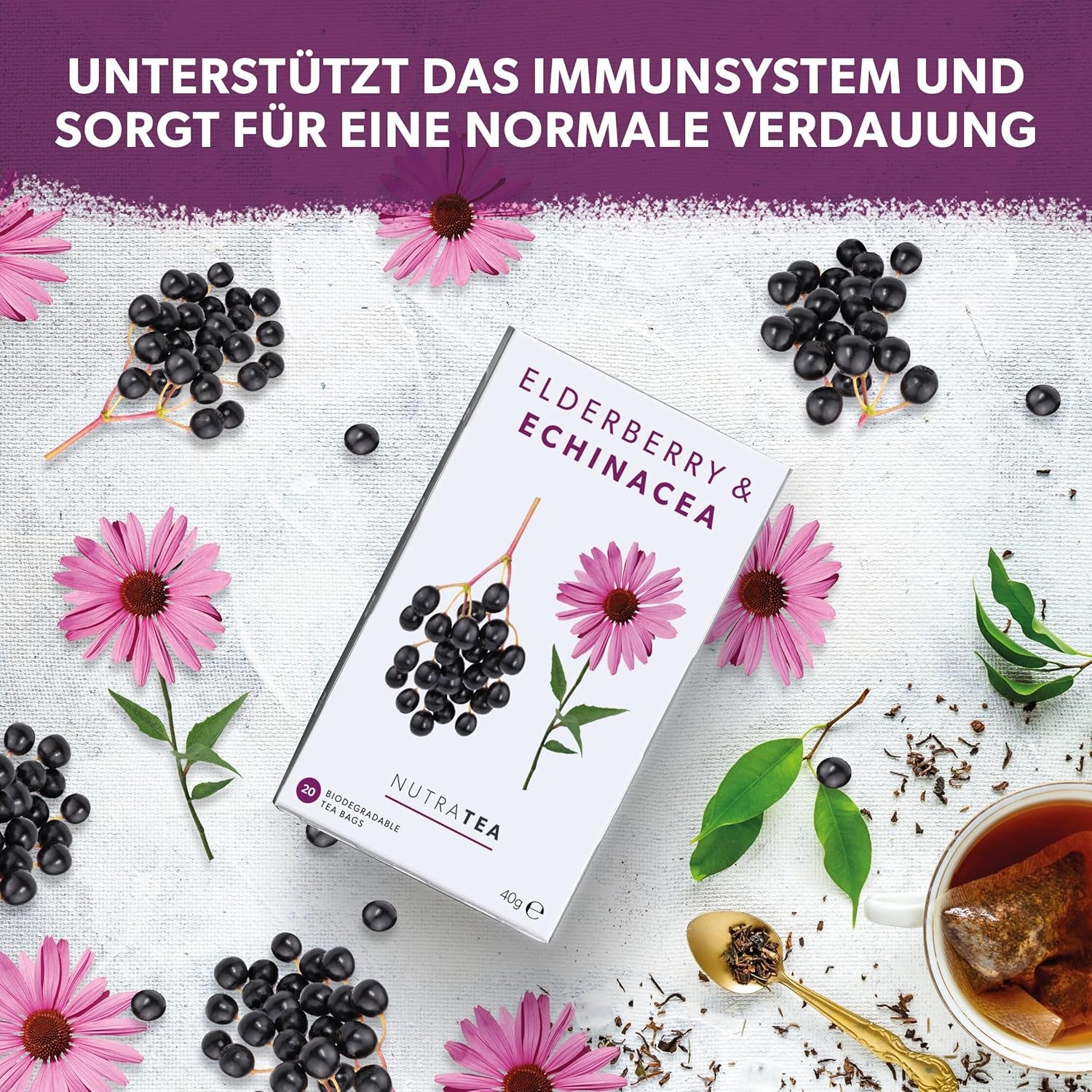 Nutra-te hyldebær og echinacea, immunitets- og forkølelseste, immunstøtte te, kold kamp, ​​20 genanvendelige teposer, naturlig urtete