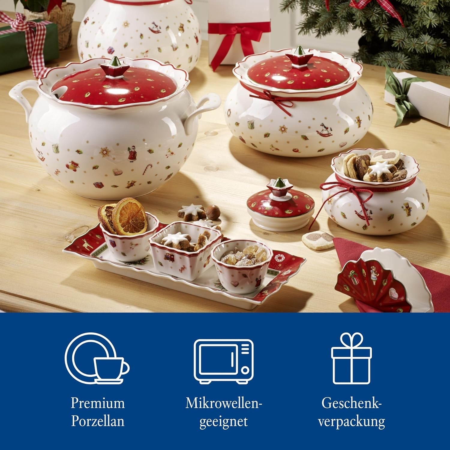 Villeroy & Boch - Toy's Delight saucesæt, 4 dele, serveringsfad med skåle, julesovssæt, legetøjsborddekoration, serveringsbakke, skåle, juleservice, premium porcelæn