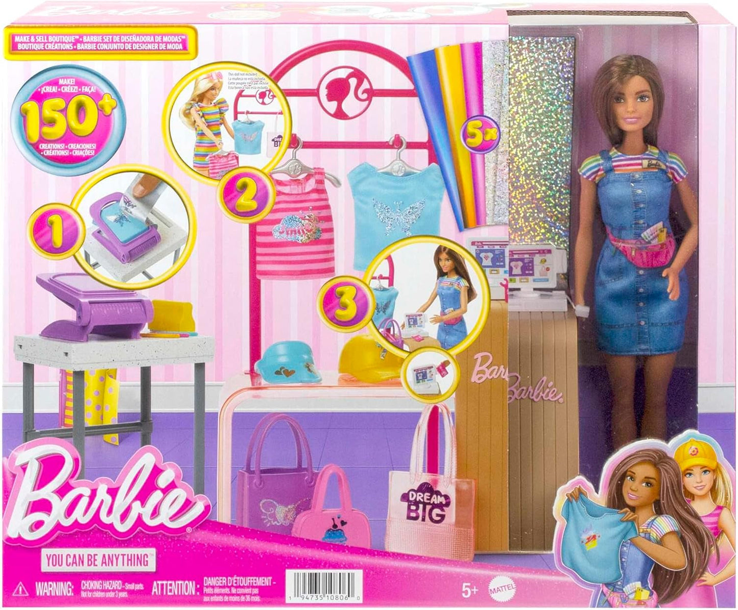 Barbie Fashion Boutique legesæt - foliemønsterdukke, over 150 originale looks, inkluderer 2 bluser og 5 folieark, tøjstativ og kreditkortlæser, 3+, HKT78