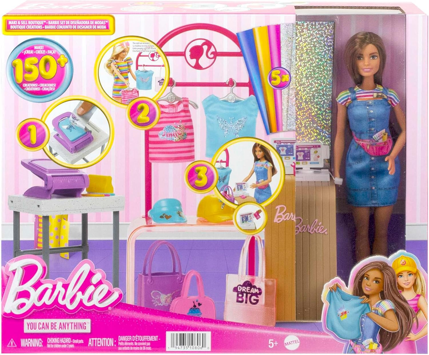 Barbie Fashion Boutique legesæt - foliemønsterdukke, over 150 originale looks, inkluderer 2 bluser og 5 folieark, tøjstativ og kreditkortlæser, 3+, HKT78