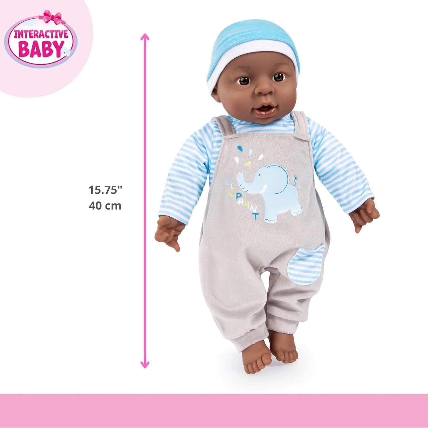 Bayer Design 94001AH interaktiv babydukke, dreng, taler, blød krop, 40 cm, mørkt læder, blå