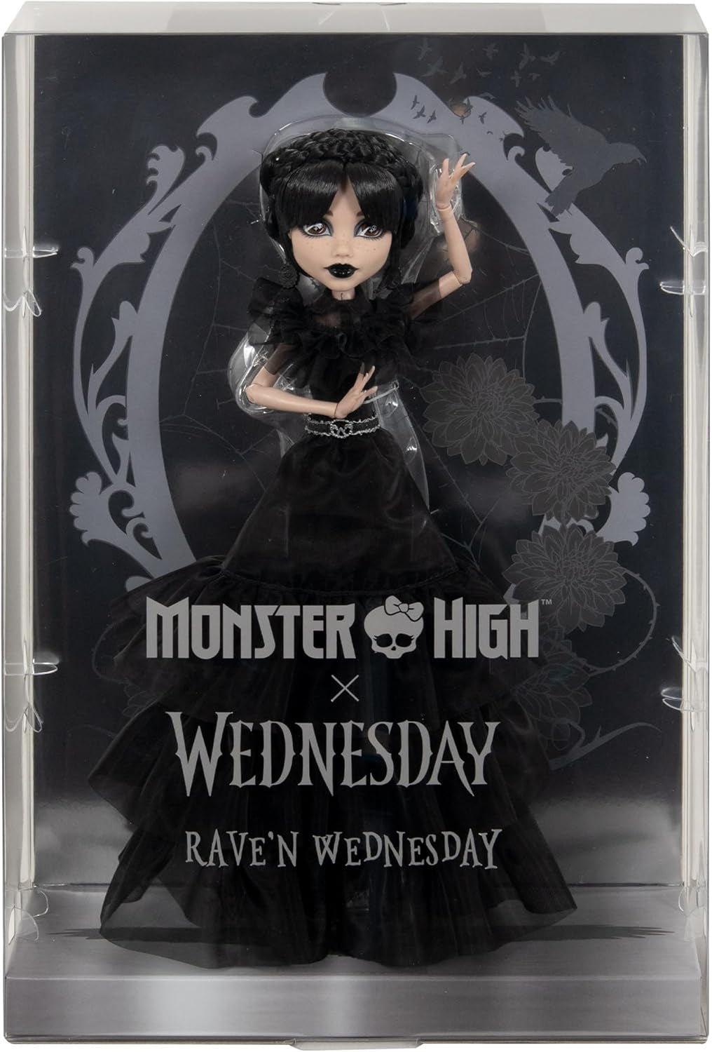 Monster High Wednesday Doll, Rave'N Wednesday Collectible Figur i sort gotisk kjole inspireret af dansescenen, premium tilbehør og dukkestativ, HXJ03