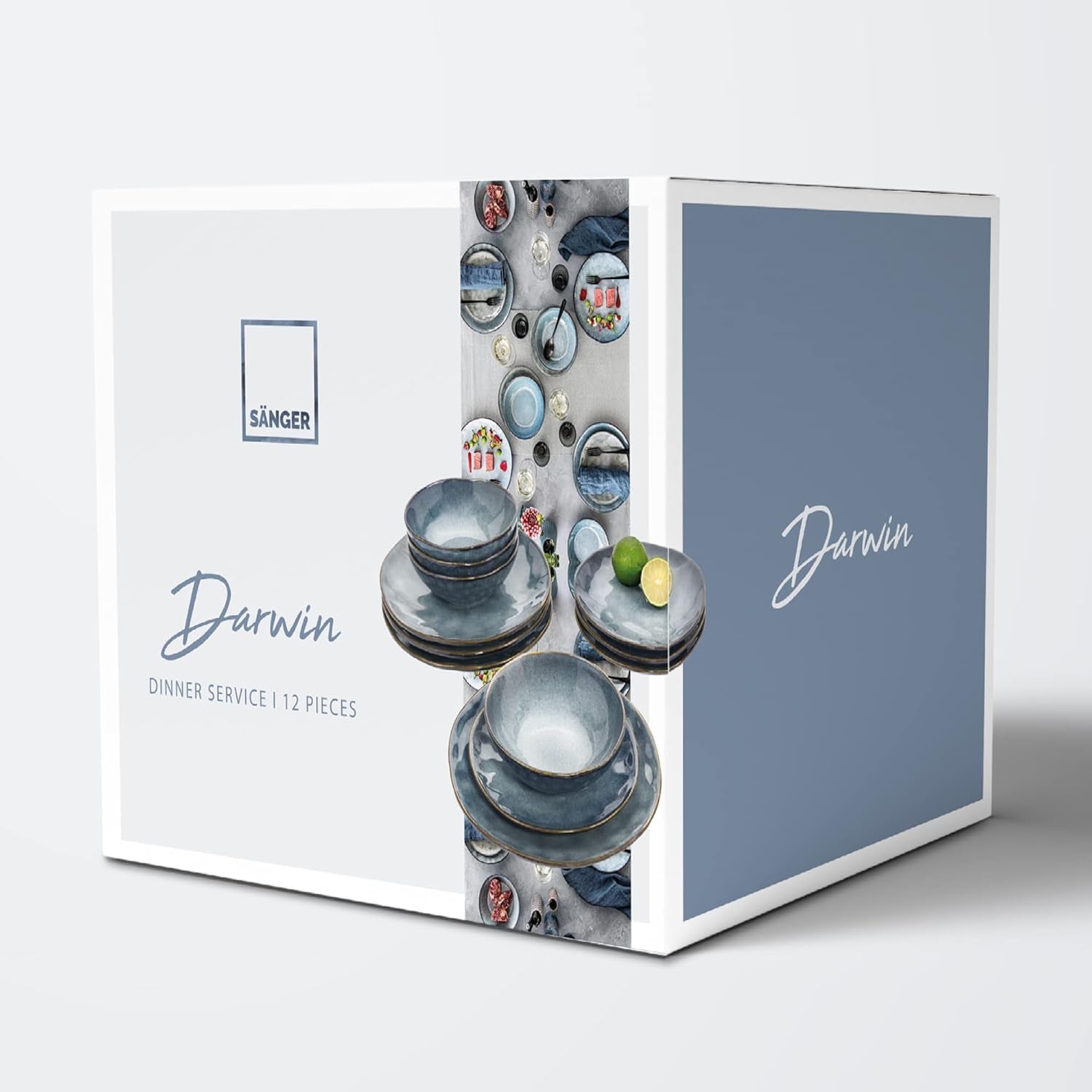 SANGER | Darwin 12-delt porcelænssæt, stentøjsstel til 4, blåt stel med middagstallerkener, desserttallerkener og suppetallerkener, håndlavet porcelænssæt | PREMIUM KOLLEKTIONEN