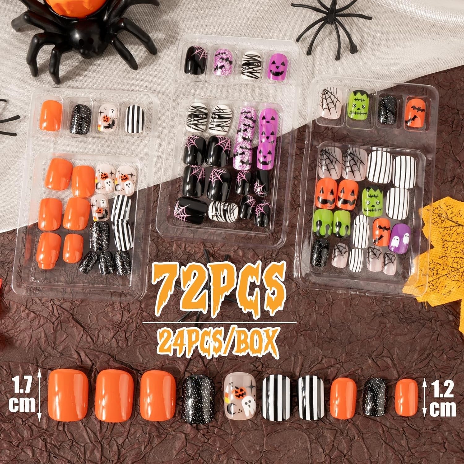 72 stk Halloween negle selvklæbende falske negle Korte kunstige negle selvklæbende pressede negle Pumpkin Ghost kunstige negletips Neglekunst Orange Grøn Sort