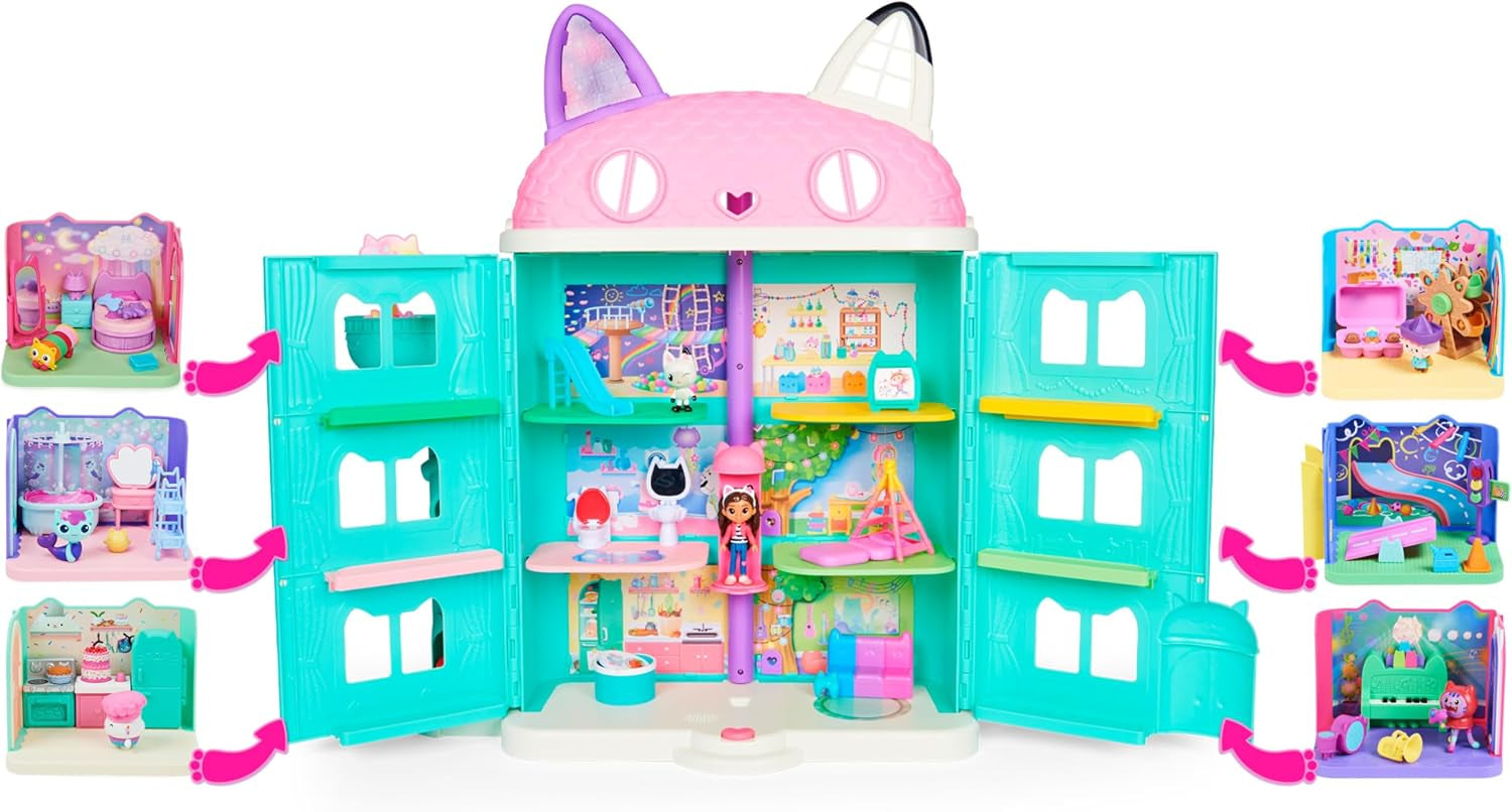 GABBY'S DREAMWORKS DOLLS HOUSE - Deluxe Room, Cakey Confectionery, Kuchi Kitchen (rumænsk: Cakey), 3 møbler og 2 overraskelsesæsker med tilbehør, velegnet til børn fra 3 år og derover