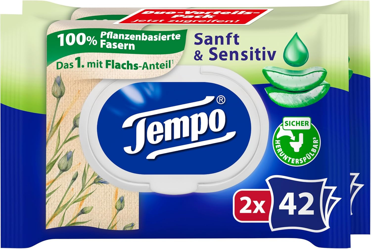 Tempo ''Gentle & Sensitive'' våde toiletservietter - Megapack - 16 pakker med 42 servietter hver - Duo Packs - Natural Aloe Vera - Hygiejnisk papir, dermatologisk testet, hudneutralt
