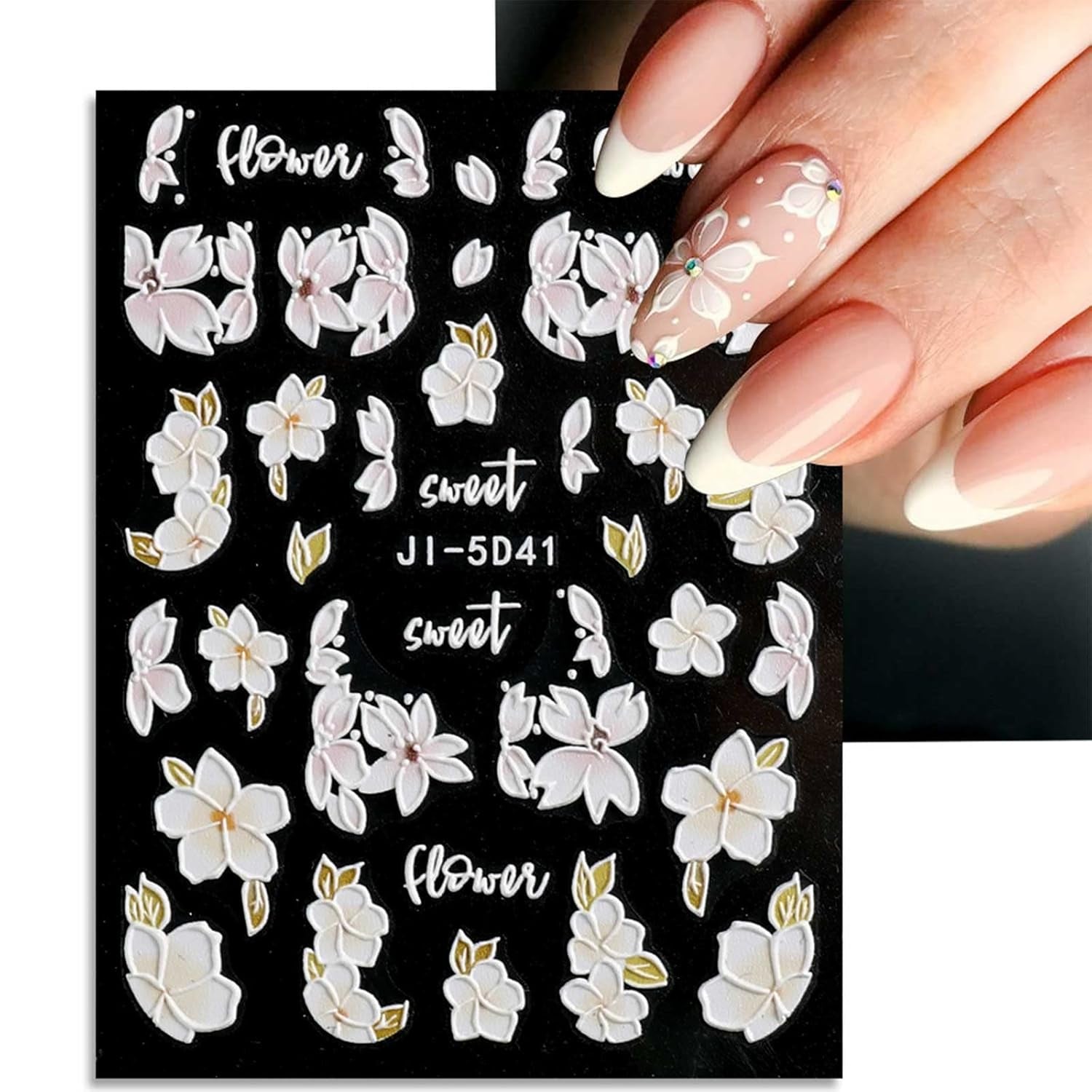 JMEOWIO 3D Nagelsticker Frühling Blume Nail Art Sticker Selbstklebend Nagelaufkleber 5D Stereoskopisk Buntes Sommer Blumen Dekoration Nageldesign Zubehör 4 Blatt
