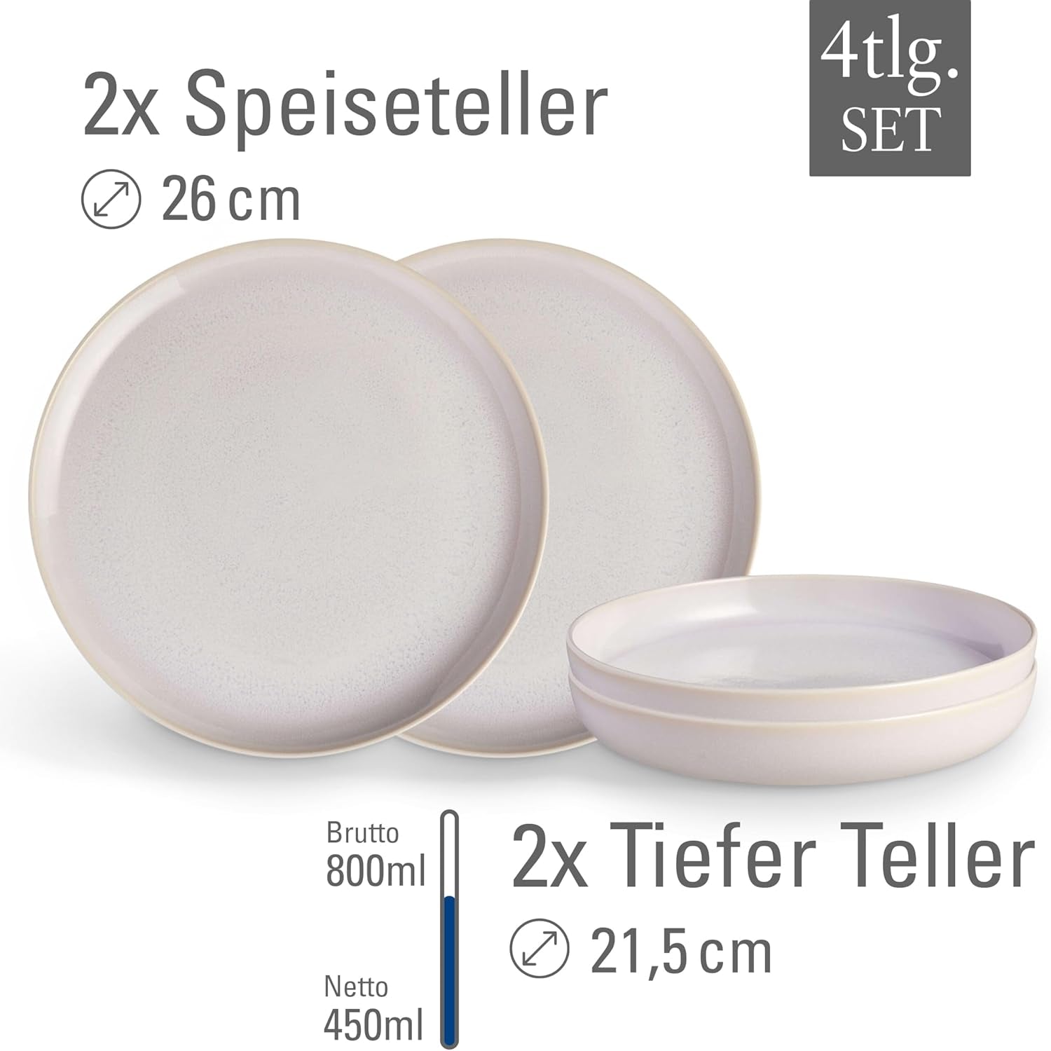 ligesom. af Villeroy & Boch – Madlavningssæt i bomuld 4 teilig Weiß, Spülmaschinenfest, Mikrowellensicher, Geschirrset, Tafelservice Modern, Speiseteller, Tiefe Teller, Pottery-Look, Premium Porzellan