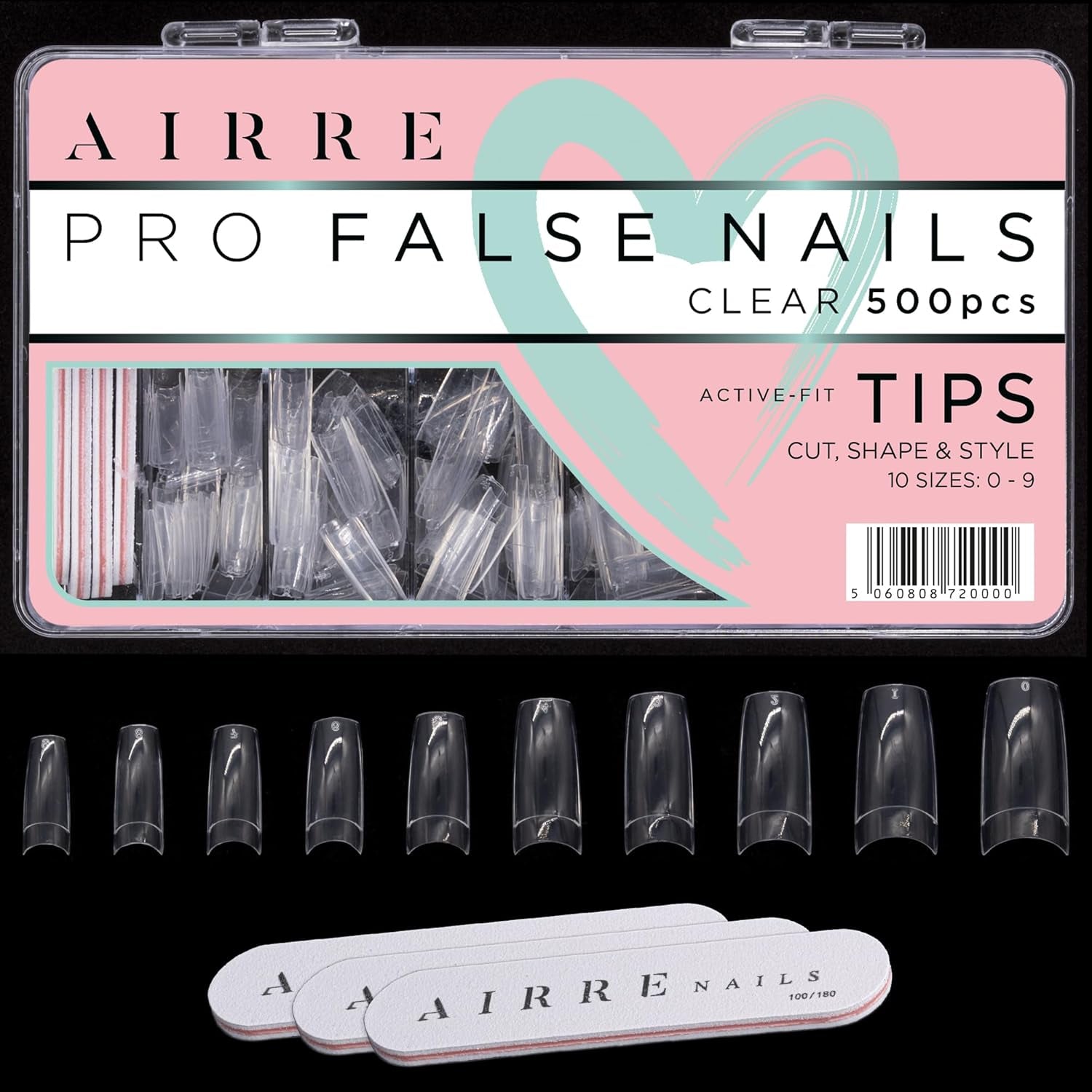 AIRRE 500 Professional Gel-negle & 3 filer pr. æske - (10 størrelser) Franske Half Moon falske negle, salon og hjemmebrug, klipning, filning og formning, UV/LED-gel, neglelak og neglekunst (naturlig)