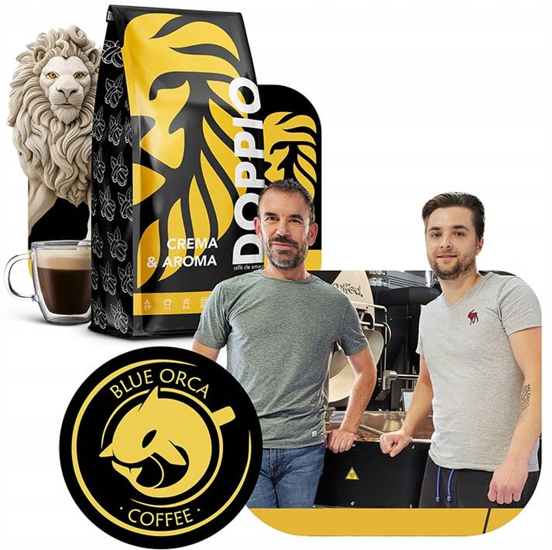 Doppio Creme & Flavor 1KG | Kaffebønner 80% Arabica og 20% ​​Robusta | med noter af kakao, nødder og karamel | Frisk og mellemstegt, lav surhedsgrad | til espresso | Blå spækhugger kaffe