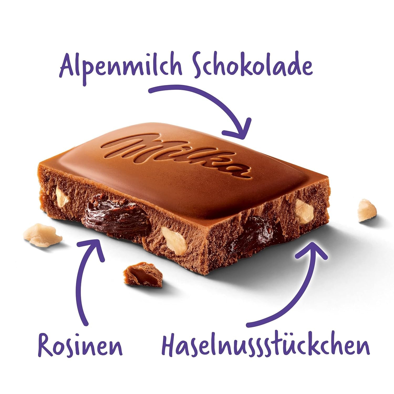 Milka druer og hasselnødder – Alpine mælkechokolade med stykker af hasselnødder og rosiner – 90 g