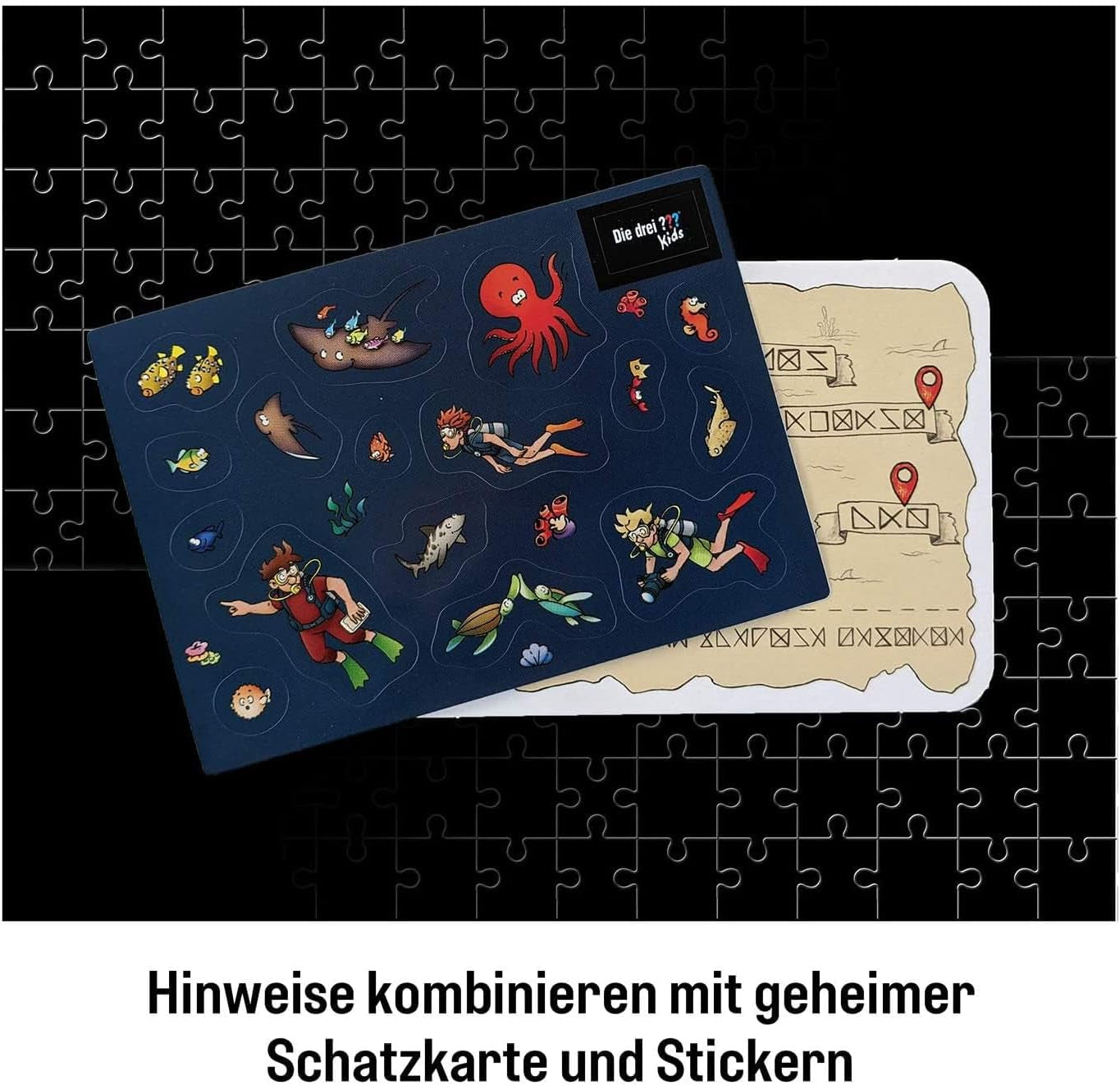 Die Drei ??? Børn - Kriminalpuslespil - Opmærksomhed, havmonster Fra KOSMOS 680664, 150 stykker, Glow in the dark, Læsning, puslespil, puslespilsløsning, detektivpuslespil for børn fra 7 år Puslespil Naty Shop