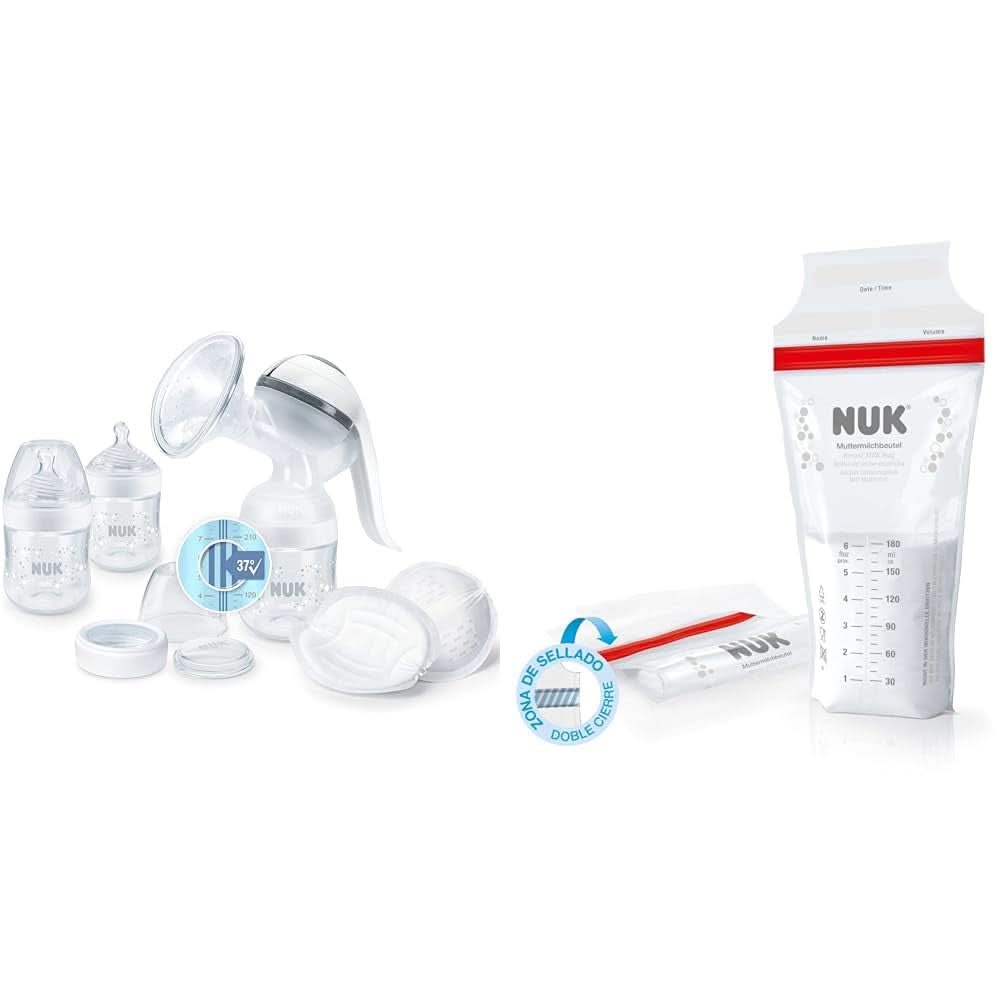 NUK Nature Sense manuel brystpumpe | Ammesæt med manuel brystpumpe, flasker og ammeindlæg Ultra Dry Comfort | 6 stk. Mad og ammetilbehør Bebe Naty Shop Pakke med pose til modermælk Med temperaturkontrol
