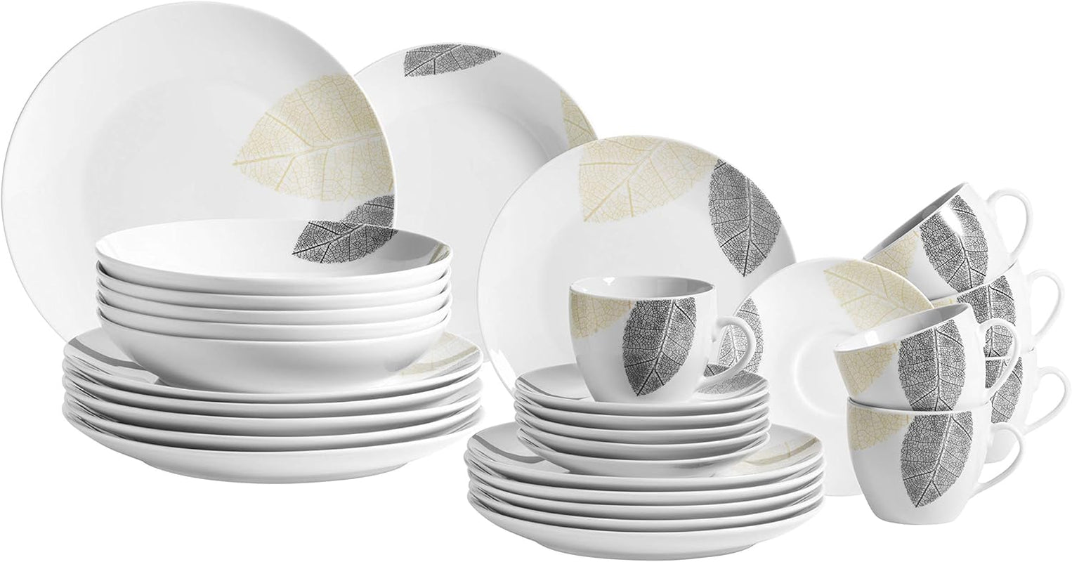 MÄSER 931215 Smukt dekoreret servicesæt til 6, kombineret service 30 dele, med rammeløse former, porcelæn, hvid