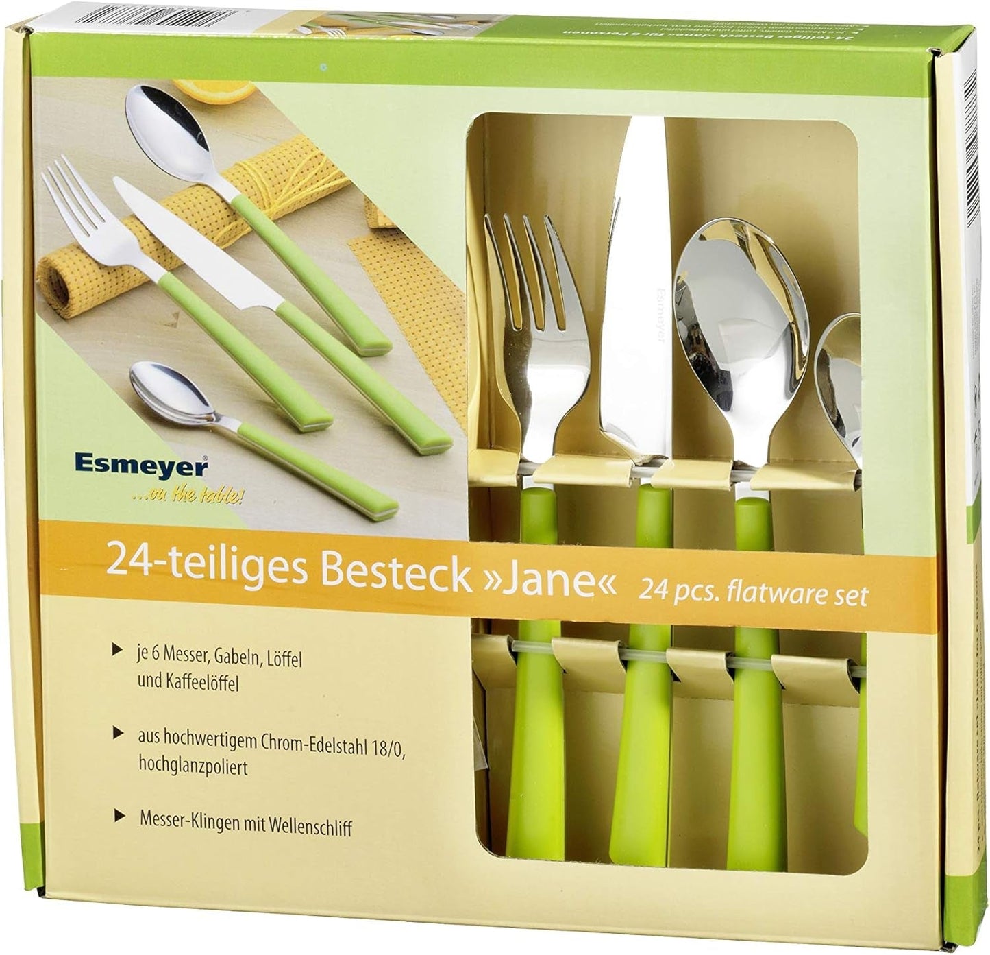 JANE bestik, poleret rustfrit stål 18/0, grønne plastikhåndtag, 24 stykker Kitchen Naty Shop