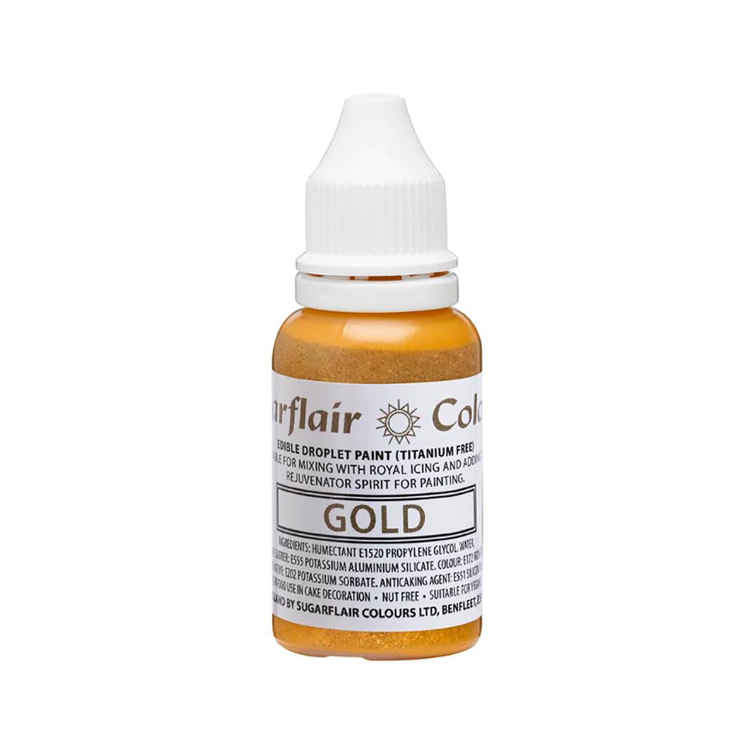 Sugarflair Edible Drop Paint Liquid Gold - Madfarve til sukkerpasta, smørcreme - Kan bruges med en airbrush - 14ml