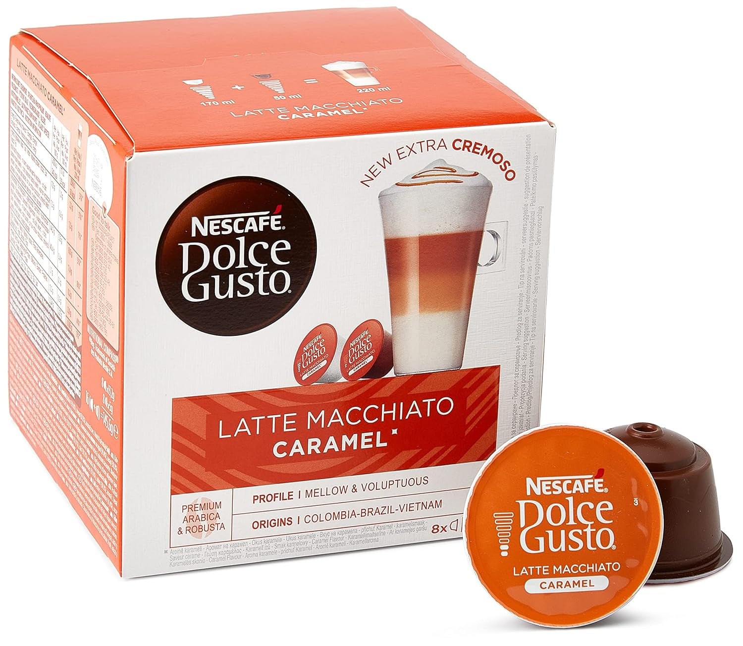NESCAFÉ Dolce Gusto Latte Macchiato Vorratsbox 90 Kaffeekapseln (Aromatischer Espresso und Latte Macchiato Caramel