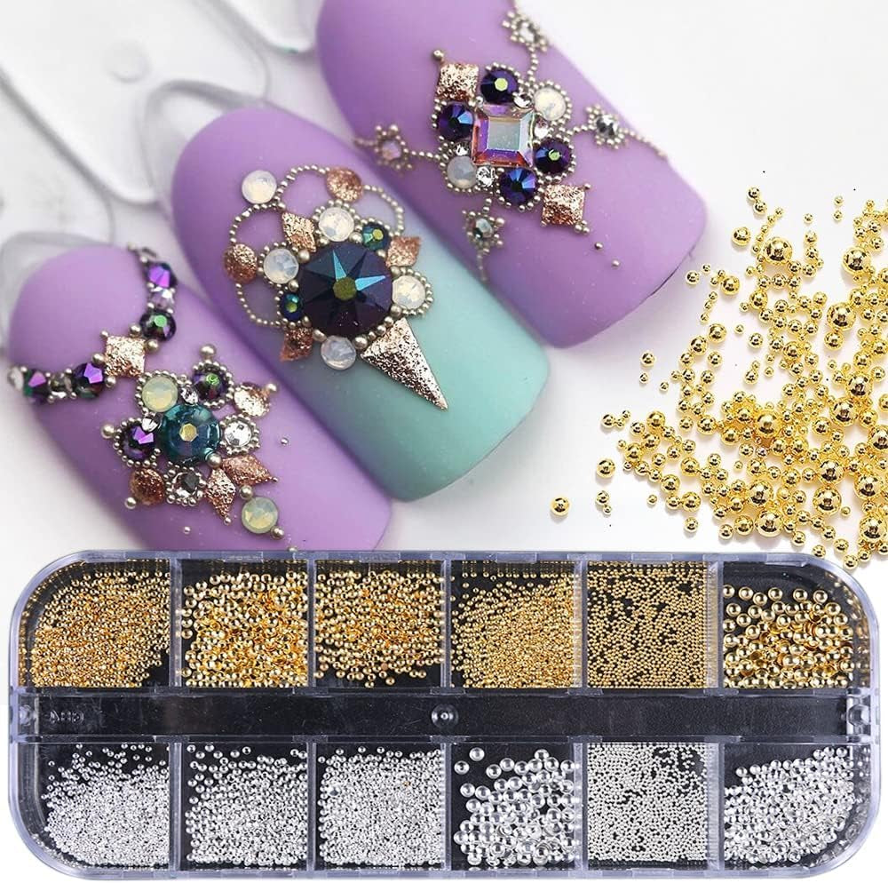 GZMAYUEN Nail Art Perlen Micro Caviar Für Nägel, 0,3-3Mm Goldene Silber Mini Caviar Strasssteine, Weiß Beige Mini Nägel Perlen Mikroperlen Dekor Für Nägel