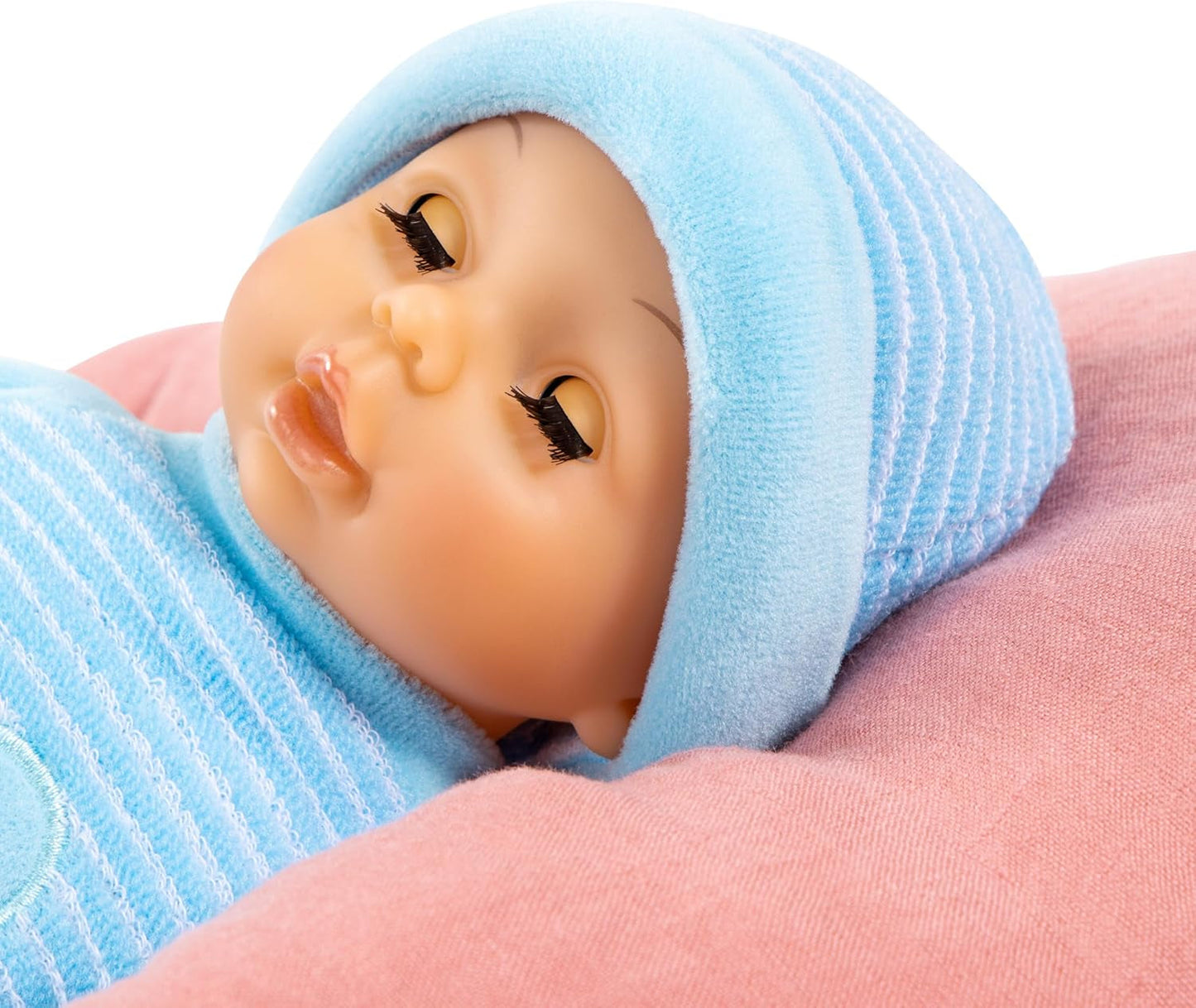 Bayer Design 92802AU My First Baby 28 cm, babydukke, blød kropsdukke med sovende øjne, meget praktisk, sødt outfit, blå med hjerte