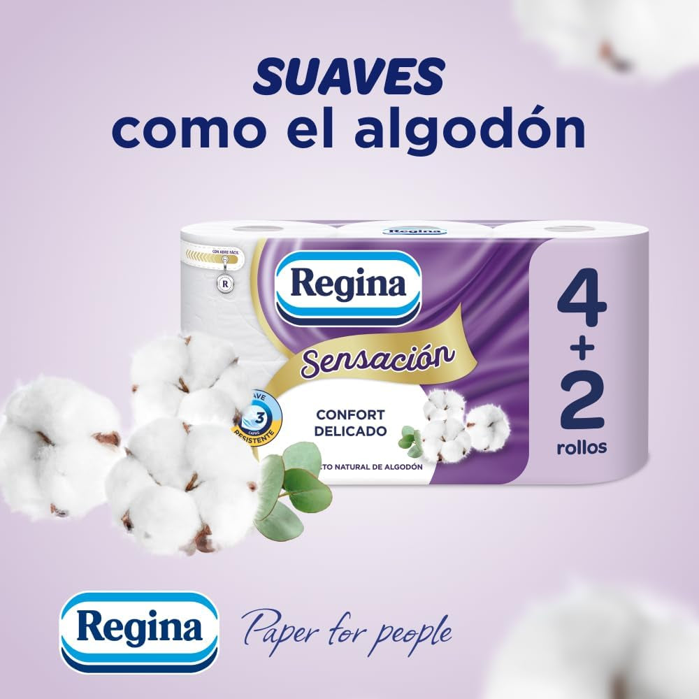 Regina Feeling - 42 ruller toiletpapir, 175 ark med tre lag, naturligt bomuldsekstrakt og delikat duft, 60% genbrugsplastikemballage, 100% Fsc-certificeret papir