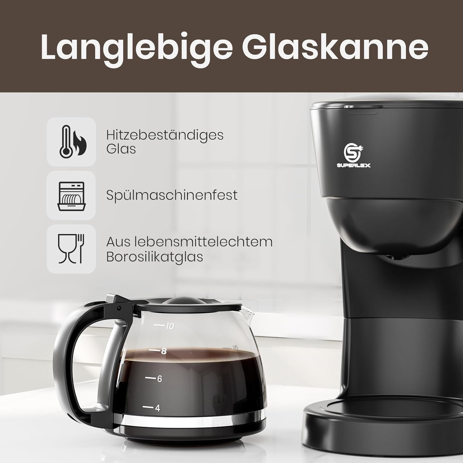 1,25L filterkaffemaskine til 10 kopper filterkaffe, glaskaraffel, der tåler opvaskemaskine, termokande, anti-drypsystem, automatisk sluk, 600W, vandfri kogebeskyttelse til hjemmet og kontoret