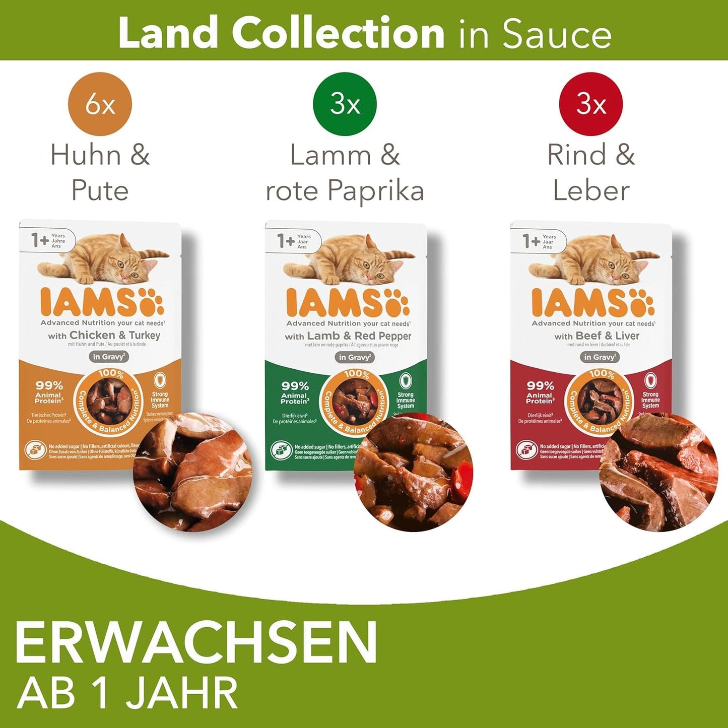IAMS Delights Land Collection Vådfoder til katte - Multipak med kødvarianter (lam, oksekød, kylling og kalkun) i sauce, vådfoder til katte fra 1 år, 12 x 85g