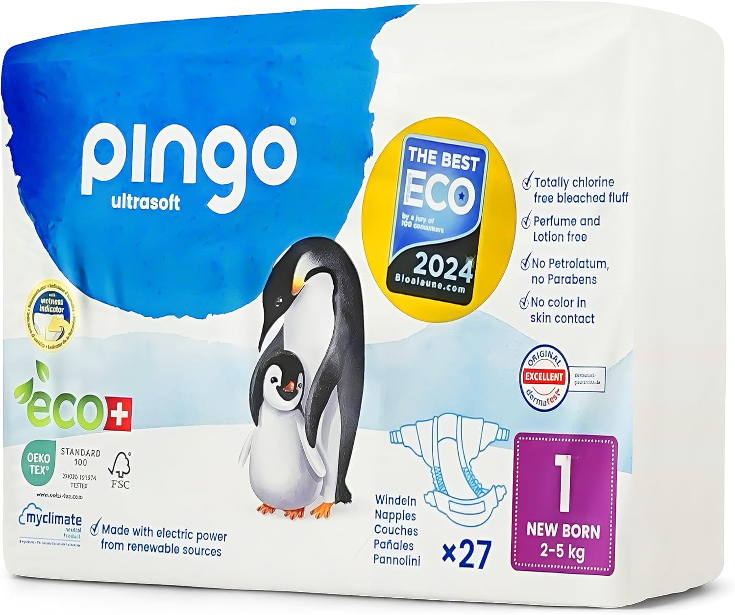 Økologiske bleer str. 1 nyfødt (2-5 kg), 1 pose med 27 bleer